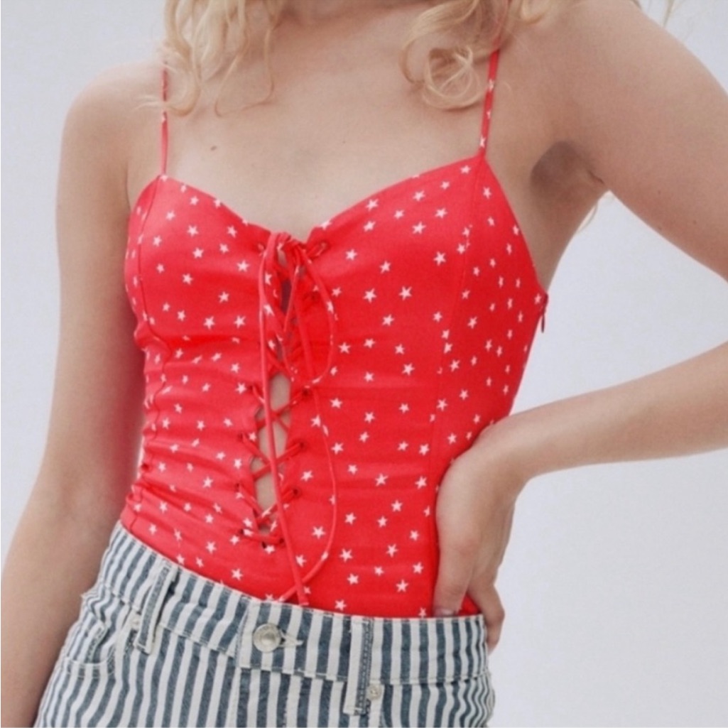 Zara Red Lace Up Bodysuit With White Stars
